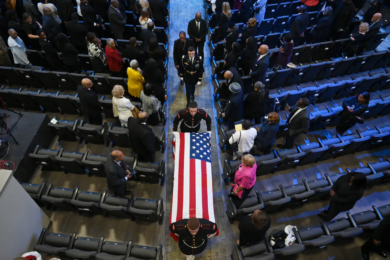 The casket of U.S. Rep. David Scott is carried out of his funeral service at Elizabeth Baptist Church on Saturday, May 2, 2026, in Atlanta. (Hyosub Shin/AJC)