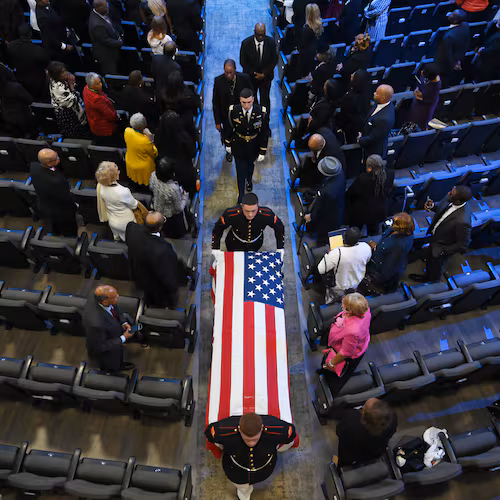 The casket of U.S. Rep. David Scott is carried out of his funeral service at Elizabeth Baptist Church on Saturday, May 2, 2026, in Atlanta. (Hyosub Shin/AJC)