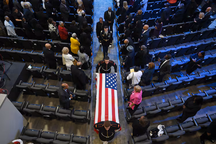 The casket of U.S. Rep. David Scott is carried out of his funeral service at Elizabeth Baptist Church on Saturday, May 2, 2026, in Atlanta. (Hyosub Shin/AJC)