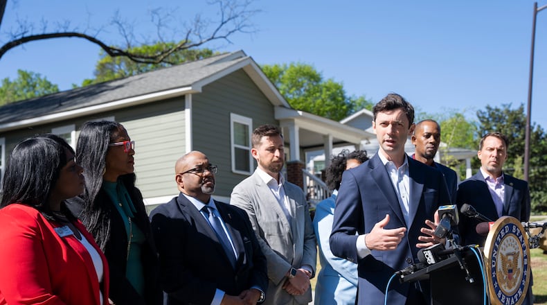 Senator Jon Ossoff announces a 2 million dollar investment in Habitat for Humanity's local initiatives in south Atlanta on Friday, April 12, 2024. (Olivia Bowdoin for the AJC).
