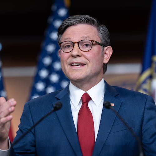 Speaker of the House Mike Johnson, R-La., makes a statement to reporters following a vote in the Senate to move forward with a stopgap funding bill to reopen the government through Jan. 30, at the Capitol in Washington, Monday, Nov. 10, 2025. (AP Photo/J. Scott Applewhite)