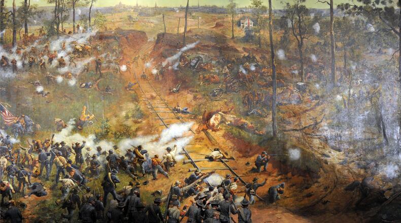 The historic painting “The Battle of Atlanta,” along with other Civil War artifacts, will move to the Atlanta History Center after decades at the Cyclorama’s Grant Park location. The city will close the attraction after business June 30, 2015. BRANT SANDERLIN / BSANDERLIN@AJC.COM