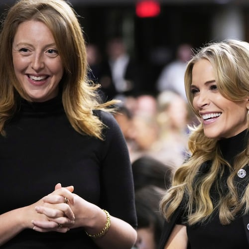 FILE - Dr. Casey Means, a wellness influencer, left, and journalist Megyn Kelly attend a confirmation hearing for Robert F. Kennedy Jr. for the Secretary of Health and Human Services post, at the Capitol in Washington, Jan. 29, 2025.  (AP Photo/Ben Curtis, File)