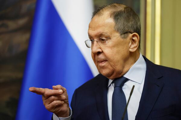 Russian Foreign Minister Sergey Lavrov gestures during a news conference following his meeting with Iranian Foreign Minister Abbas Araghchi in Moscow, Russia, Friday, April 18, 2025. (Tatyana Makeyeva/Pool Photo via AP)