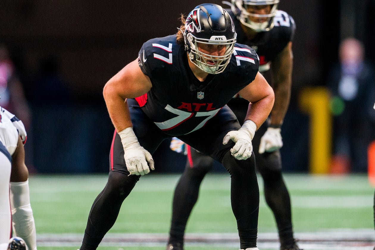 Atlanta Falcons offensive tackle Storm Norton lines up during the second half of an NFL football game against the Houston Texans, Sunday, Oct. 8, 2023, in Atlanta. The Atlanta Falcons won 21-19. (Danny Karnik/AP)