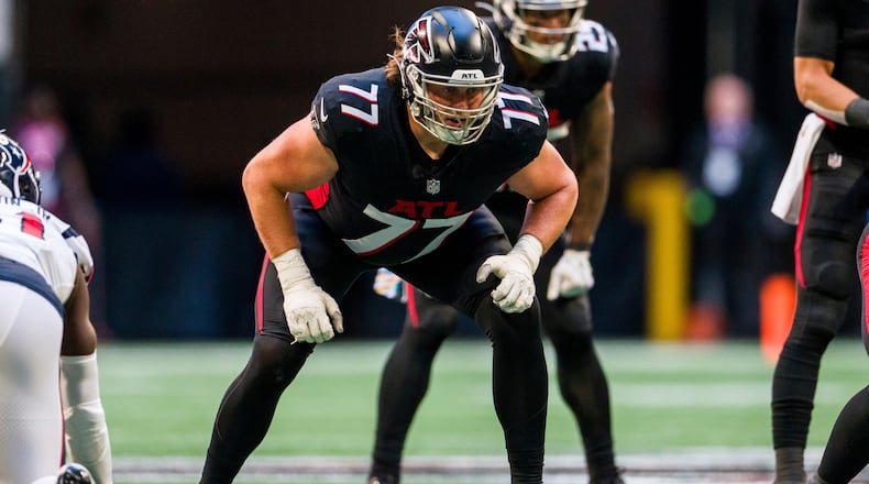 Atlanta Falcons offensive tackle Storm Norton lines up during the second half of an NFL football game against the Houston Texans, Sunday, Oct. 8, 2023, in Atlanta. The Atlanta Falcons won 21-19. (Danny Karnik/AP)
