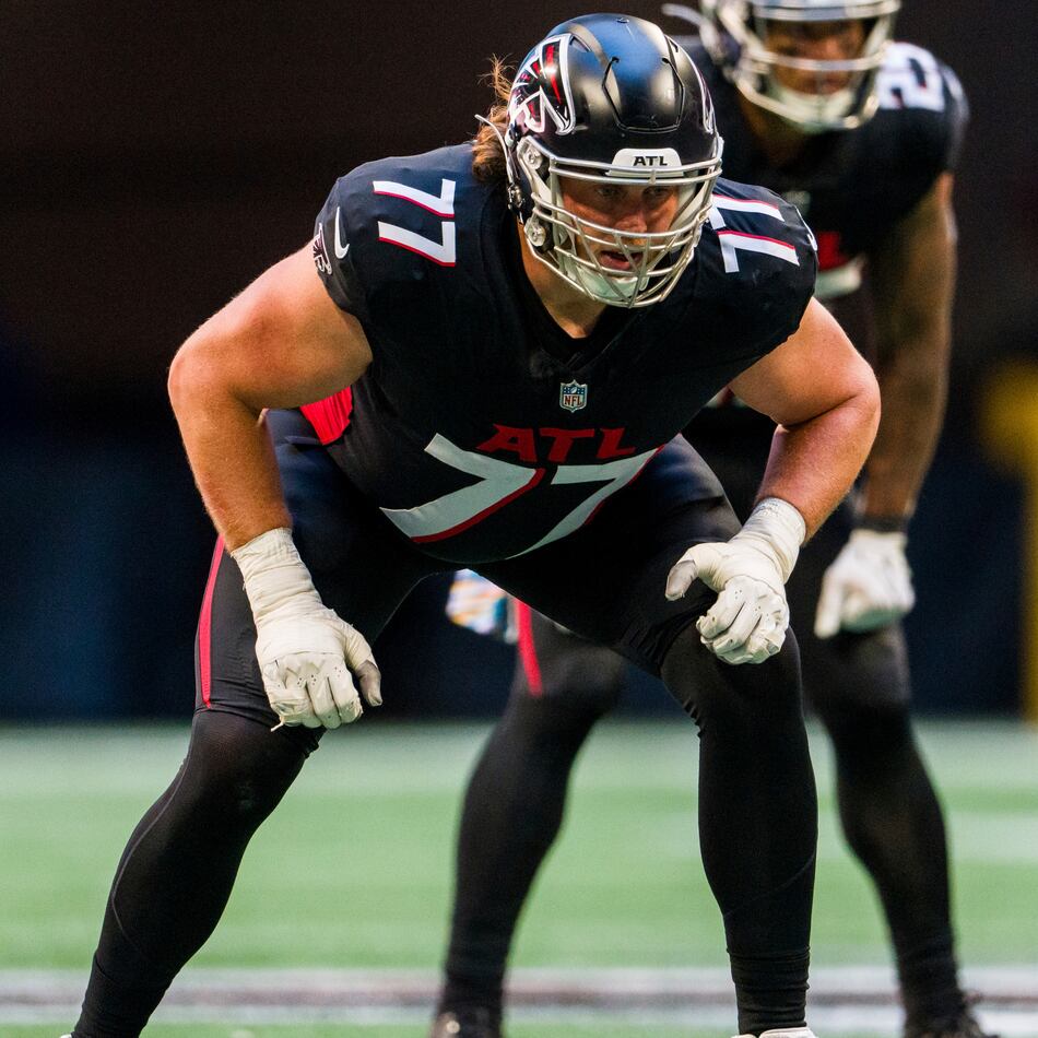 Atlanta Falcons offensive tackle Storm Norton lines up during the second half of an NFL football game against the Houston Texans, Sunday, Oct. 8, 2023, in Atlanta. The Atlanta Falcons won 21-19. (Danny Karnik/AP)