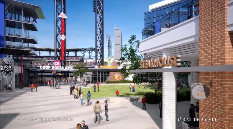 This artist’s rendering of The Battery Atlanta next to Truist/Suntrust Park shows what many hope will be reality soon when they can shop, dine and view the Atlanta Braves again in person. AJC file photo