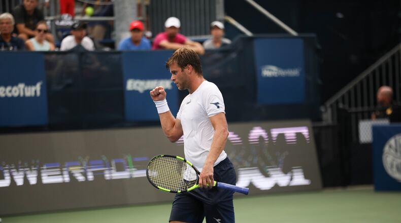 Ryan Harrison celebrates during a match against John Millman of Australia at the BB&T Atlanta Open at Atlantic Station, Thursday, July 27, 2017 in Atlanta. BRANDEN CAMP/SPECIAL