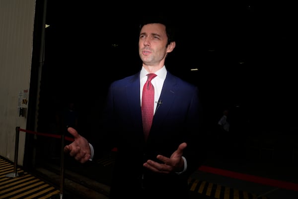 Sen. Jon Ossoff, D-Ga., speaks during an interview at Dobbins Air Reserve Base, Saturday, April 26, 2025, in Marietta, Ga. (AP Photo/Brynn Anderson)