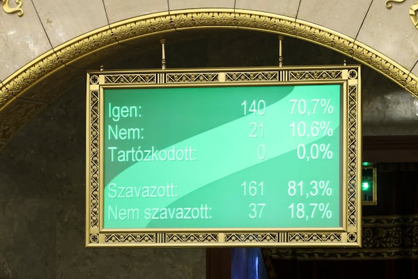 Hungary’s parliament has passed an amendment to the constitution that allows the government to ban public events by LGBTQ+ communities, in Budapest, Hungary, Monday, April 14, 2025. (Robert Hegedus/MTI via AP)