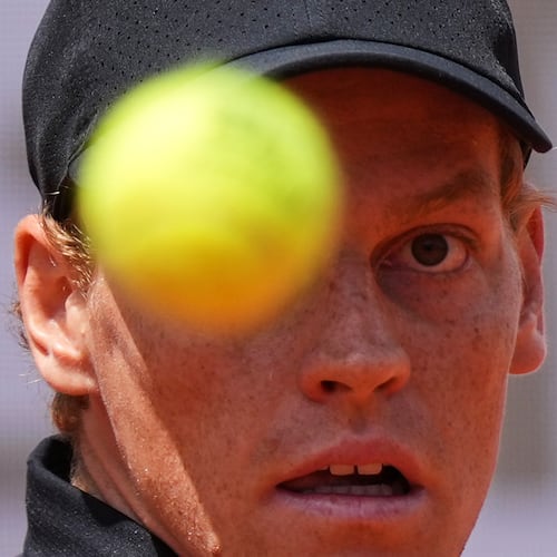 Italy's Jannik Sinner eyes the ball as he plays Andrey Rublev, during their match at the Italian Open tennis tournament in Rome, Thursday, May 14, 2026. (AP Photo/Andrew Medichini)