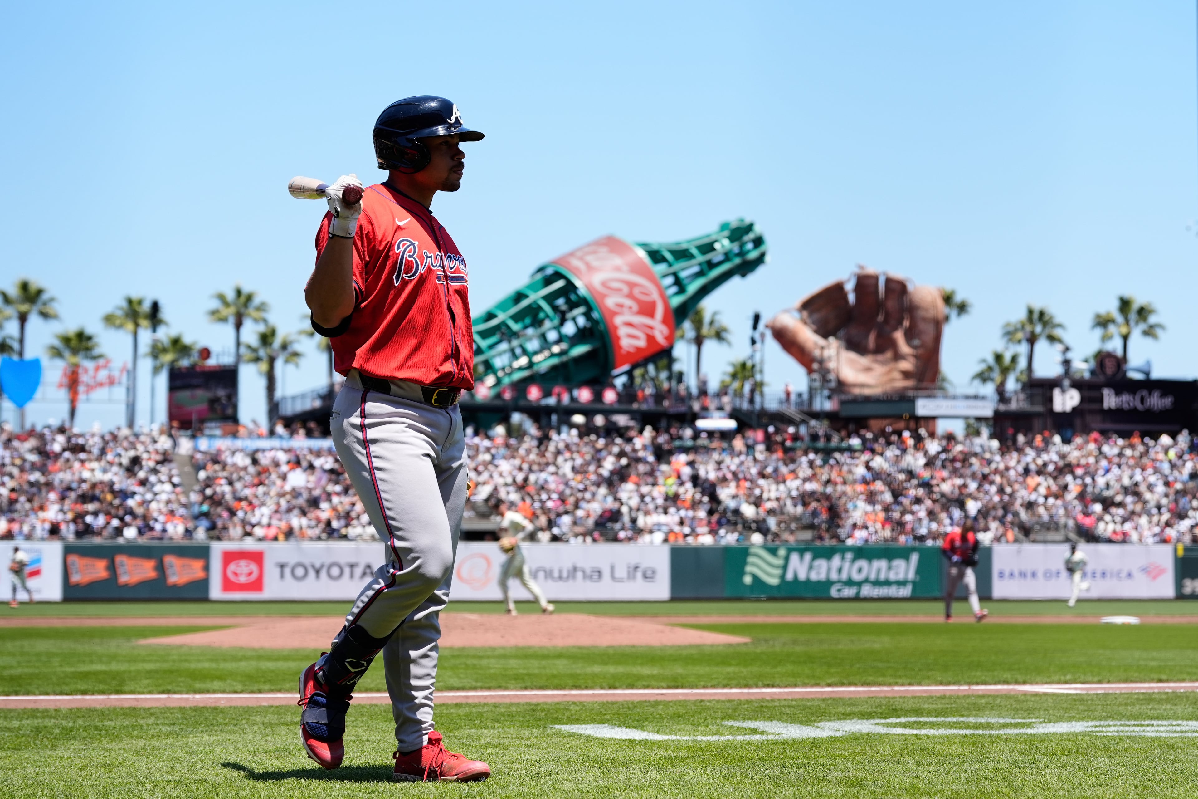 Atlanta Braves' Drake Baldwin walks to the dugout after striking out during the third inning of a baseball game against the San Francisco Giants, Saturday, June 7, 2025, in San Francisco. (AP Photo/Godofredo A. Vásquez)