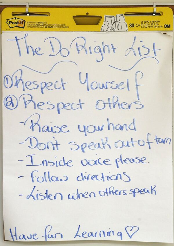 A sign in Caroline McLeod’s sixth-grade class during the summer bridge program reminds students of the school rules. Incoming sixth-graders at Sylvan Hills Middle School take part in the summer bridge program designed to help students leaving elementary school adjust to their new life as middle schoolers. BOB ANDRES / ROBERT.ANDRES@AJC.COM