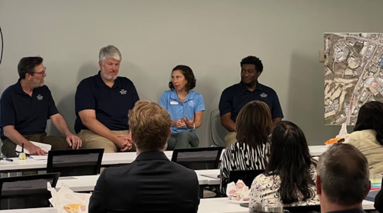 Johns Creek staff members recently led a panel discussion about various projects and investments in the Town Center area during a Johns Creek Chamber of Commerce luncheon. The panel included Economic Development Director Randall Toussaint, Recreation and Parks Director Erica Madsen, Public Works Director Chris Haggard and Communications Director Bob Mullen. (Courtesy City of Johns Creek)