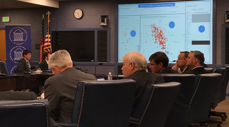 Georgia Board of Regents members listen to a staff presentation on an online tool to get more high school graduates to attend schools in the University System of Georgia. ERIC STIRGUS/ESTIRGUS@AJC.COM