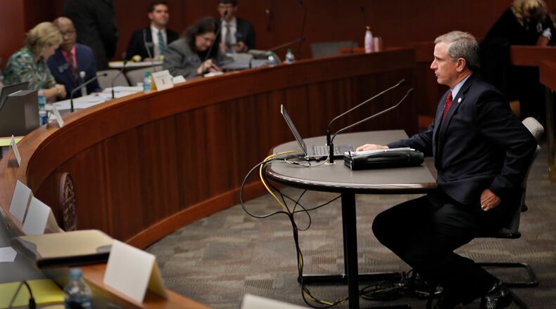 3/4/19 - Atlanta - State Sen. Marty Harbin sits before the committee before the hearing was postponed. A proposal to strengthen legal protections for religious Georgians stalled Monday when senators delayed a planned public hearing. State Sen. Marty Harbin, a Republican from Tyrone is the sponsor of Senate Bill 221. The bill had been scheduled for a public hearing in the Senate Judiciary Committee on Monday, but the committee ran out of time to discuss the measure before the full Senate met. The legislature was in session for the 26th day of the 2019 General Assembly. Bob Andres / bandres@ajc.com