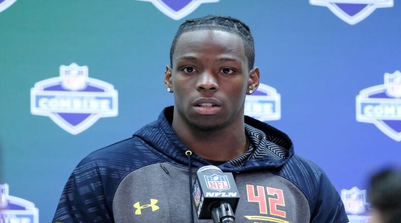 INDIANAPOLIS, IN - MARCH 03: Washington wide receiver John Ross answers questions to members of the press during the NFL Scouting Combine on March 3, 2017 at Lucas Oil Stadium in Indianapolis, IN. (Photo by Robin Alam/Icon Sportswire via Getty Images)
