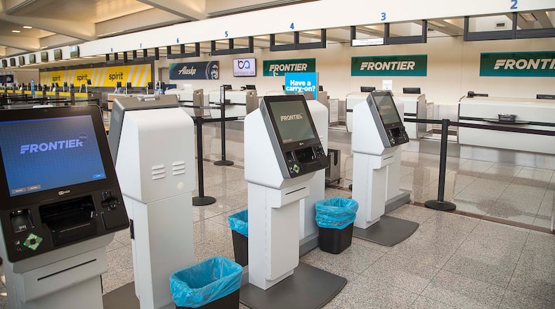 The Frontier Airlines check-in area inside the domestic terminal at Hartsfield-Jackson International Airport in Atlanta, Tuesday, April 14, 2020. (ALYSSA POINTER / ALYSSA.POINTER@AJC.COM)