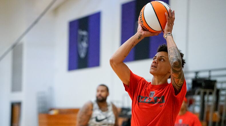 Candice Dupree, recently acquired by the Atlanta Dream, take a shot during a Dream practice in August 2021. (Photo courtesy of Kelsey Bibik/Atlanta Dream)