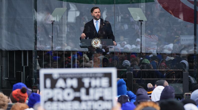 Vice President JD Vance speaks at a rally ahead of the March for Life in Washington, Friday, Jan. 23, 2026. (AP Photo/Stephanie Scarbrough)