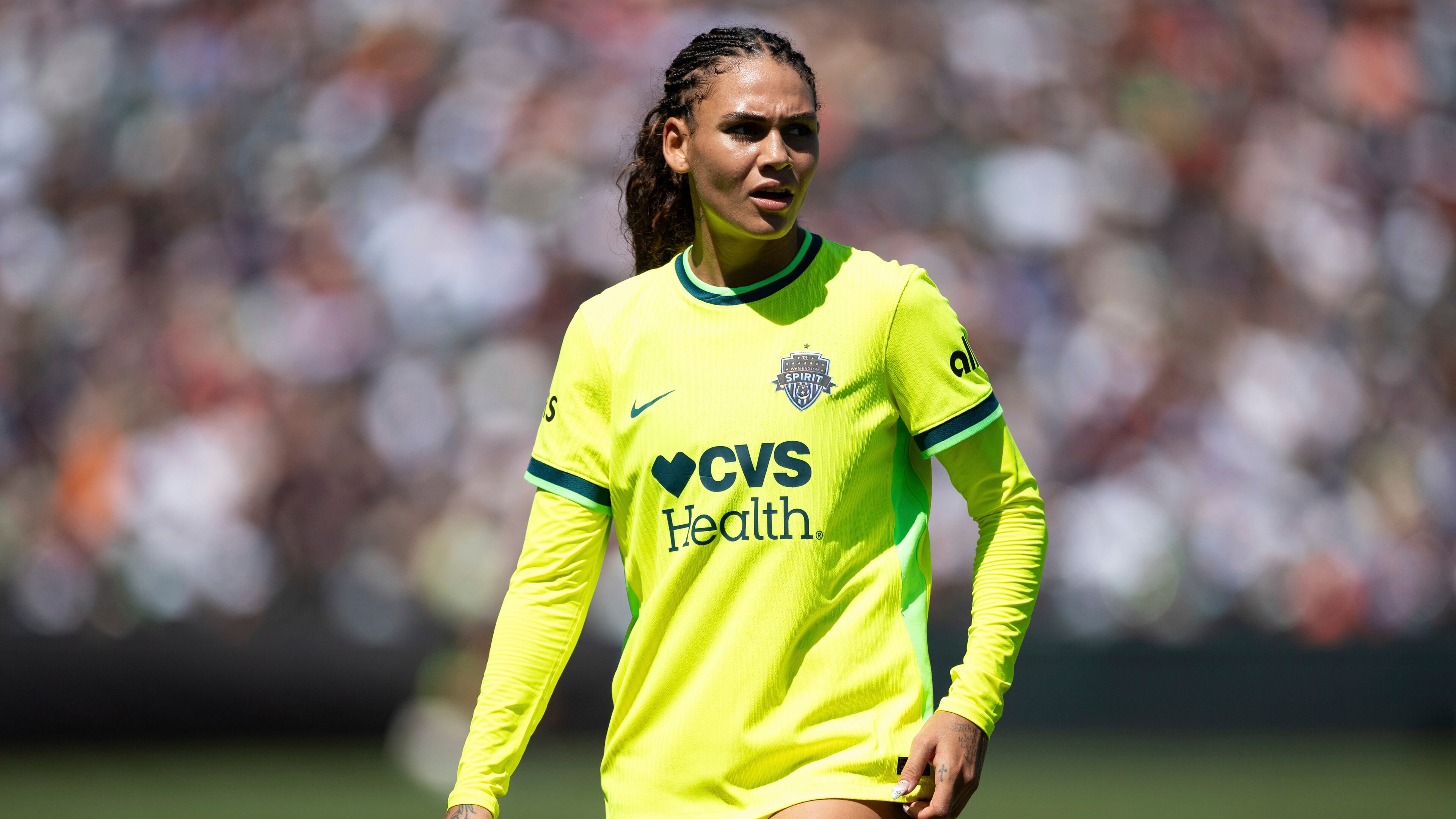 FILE - Washington Spirit's forward Trinity Rodman stands during the second half of a NWSL soccer match against Bay FC on Aug. 23, 2025, in San Francisco. (AP Photo/Benjamin Fanjoy, file)