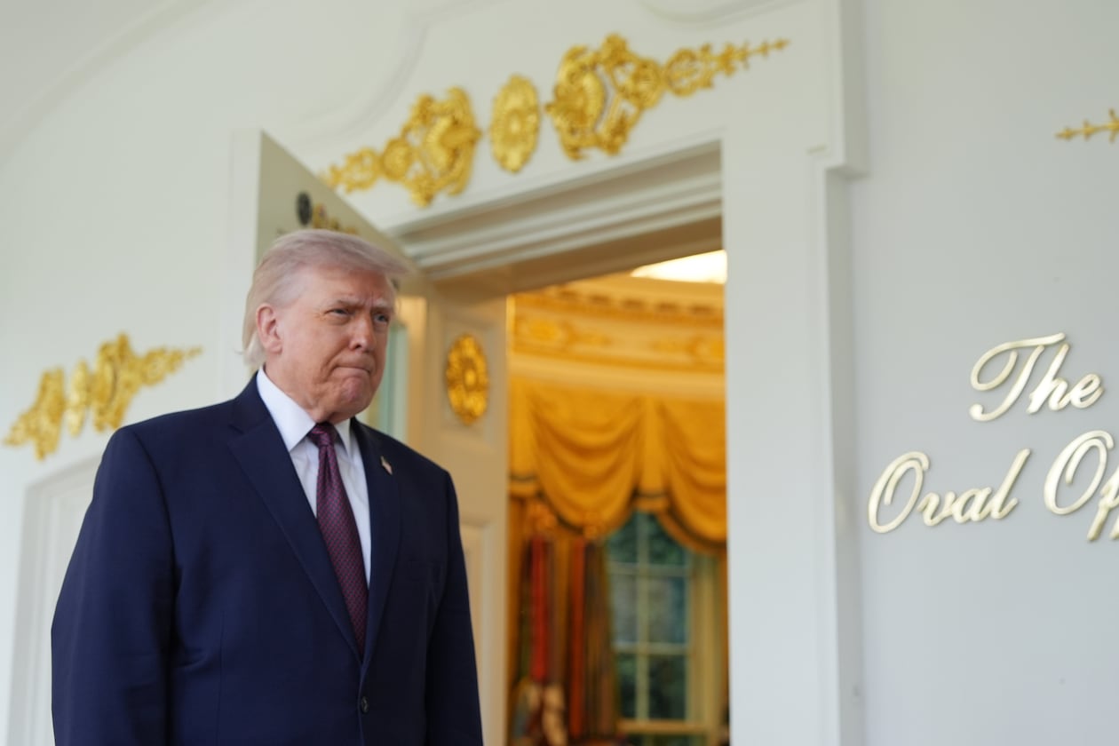 President Donald Trump speaks outside the Oval Office of the White House, Monday, April 13, 2026, in Washington. (AP Photo/Alex Brandon)