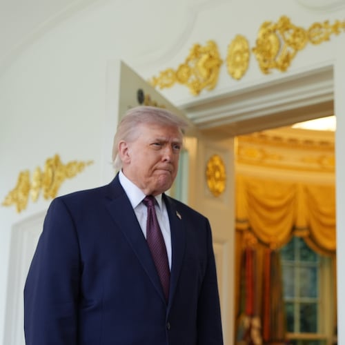 President Donald Trump speaks outside the Oval Office of the White House, Monday, April 13, 2026, in Washington. (AP Photo/Alex Brandon)