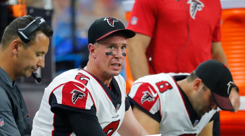 Atlanta Falcons quarterback Matt Ryan (2) sits on the bench during the first half of an NFL football game against the Detroit Lions, Sunday, Sept. 24, 2017, in Detroit. (AP Photo/Paul Sancya)