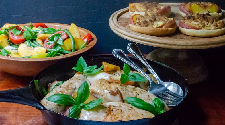 Let peaches infuse your meal with summertime flavor with these recipes: Green Beans, Peaches and Tomato Salad (left); Baked Chicken with Peaches and Basil (center); and Peach Tartlets with Make-Ahead Nut Crumble (right). (Virginia Willis for The Atlanta Journal-Constitution)
