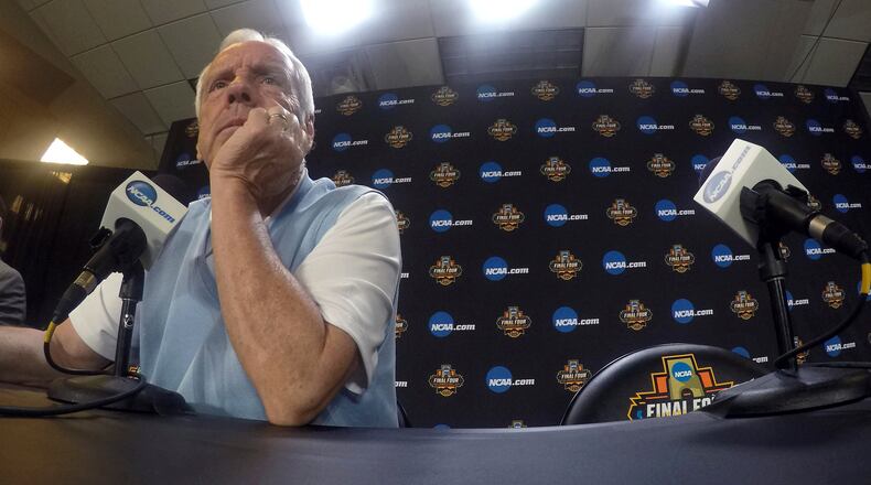 North Carolina head coach Roy Williams listens during a news conference for the Final Four NCAA college basketball tournament, Sunday, April 2, 2017, in Glendale, Ariz. (AP Photo/Tim Donnelly)