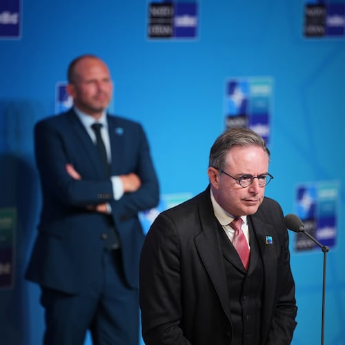 Belgium's Prime Minister Bart De Wever, right, speaks as he arrives for the NATO summit in Ankara, Turkey, Wednesday, July 8, 2026. (AP Photo/Emrah Gurel)