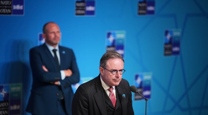Belgium's Prime Minister Bart De Wever, right, speaks as he arrives for the NATO summit in Ankara, Turkey, Wednesday, July 8, 2026. (AP Photo/Emrah Gurel)