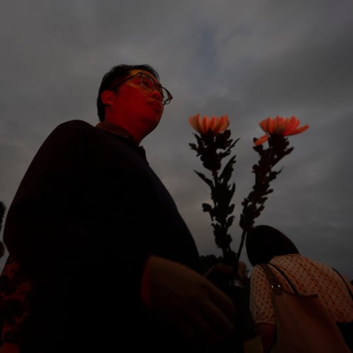 A man holding flowers arrive at the site of a deadly fire at Wang Fuk Court, a residential estate in the Tai Po district of Hong Kong's New Territories, on Tuesday, Dec. 2, 2025. (AP Photo/Ng Han Guan)
