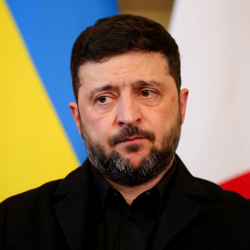 Ukrainian President Volodymyr Zelenskyy attends meeting with German Chancellor Friedrich Merz, British Prime Minister Keir Starmer, and French President Emmanuel Macron at 10 Downing Street, in London, Monday, Dec. 8, 2025. (Toby Melville/Pool Photo via AP)