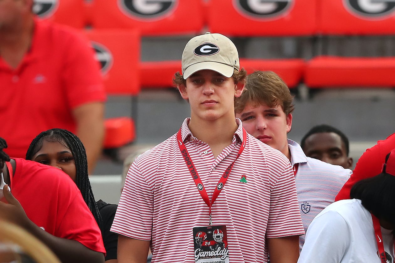 Arch Manning watches the Bulldogs go through pregame warmups before their game against South Carolina on Saturday, Sept 18, 2021, in Athens. Manning was a major recruiting target for Georgia as a 2023 prospect. (AJC 2021)