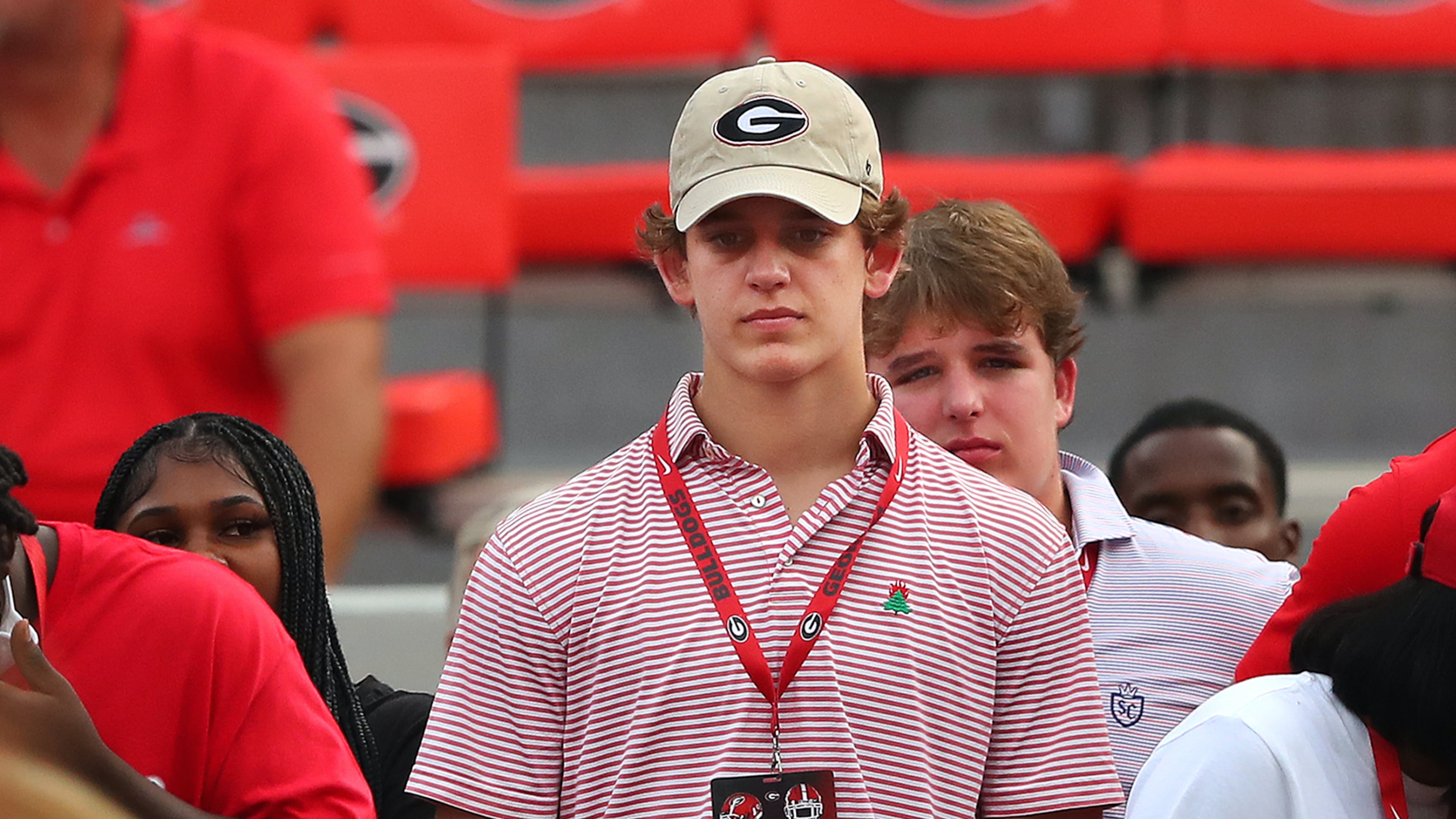 Arch Manning watches the Bulldogs go through pregame warmups before their game against South Carolina on Saturday, Sept 18, 2021, in Athens. Manning was a major recruiting target for Georgia as a 2023 prospect. (AJC 2021)