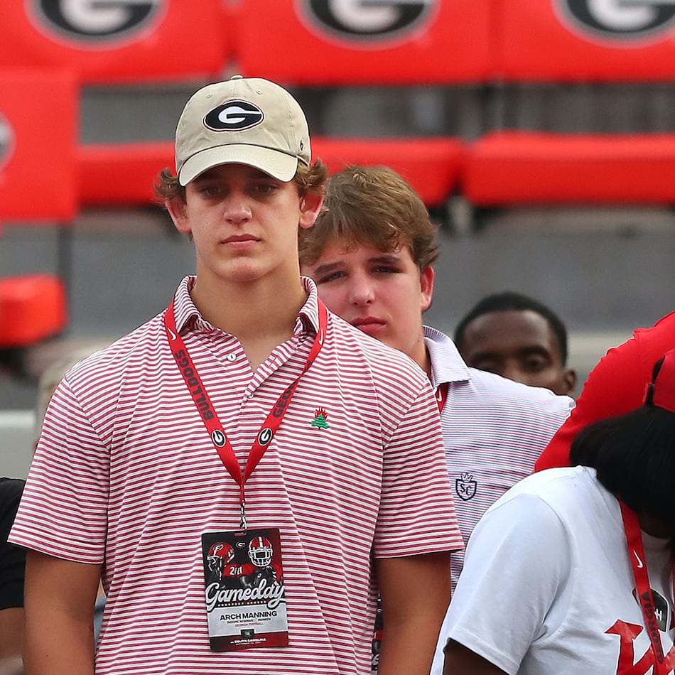 Arch Manning watches the Bulldogs go through pregame warmups before their game against South Carolina on Saturday, Sept 18, 2021, in Athens. Manning was a major recruiting target for Georgia as a 2023 prospect. (AJC 2021)