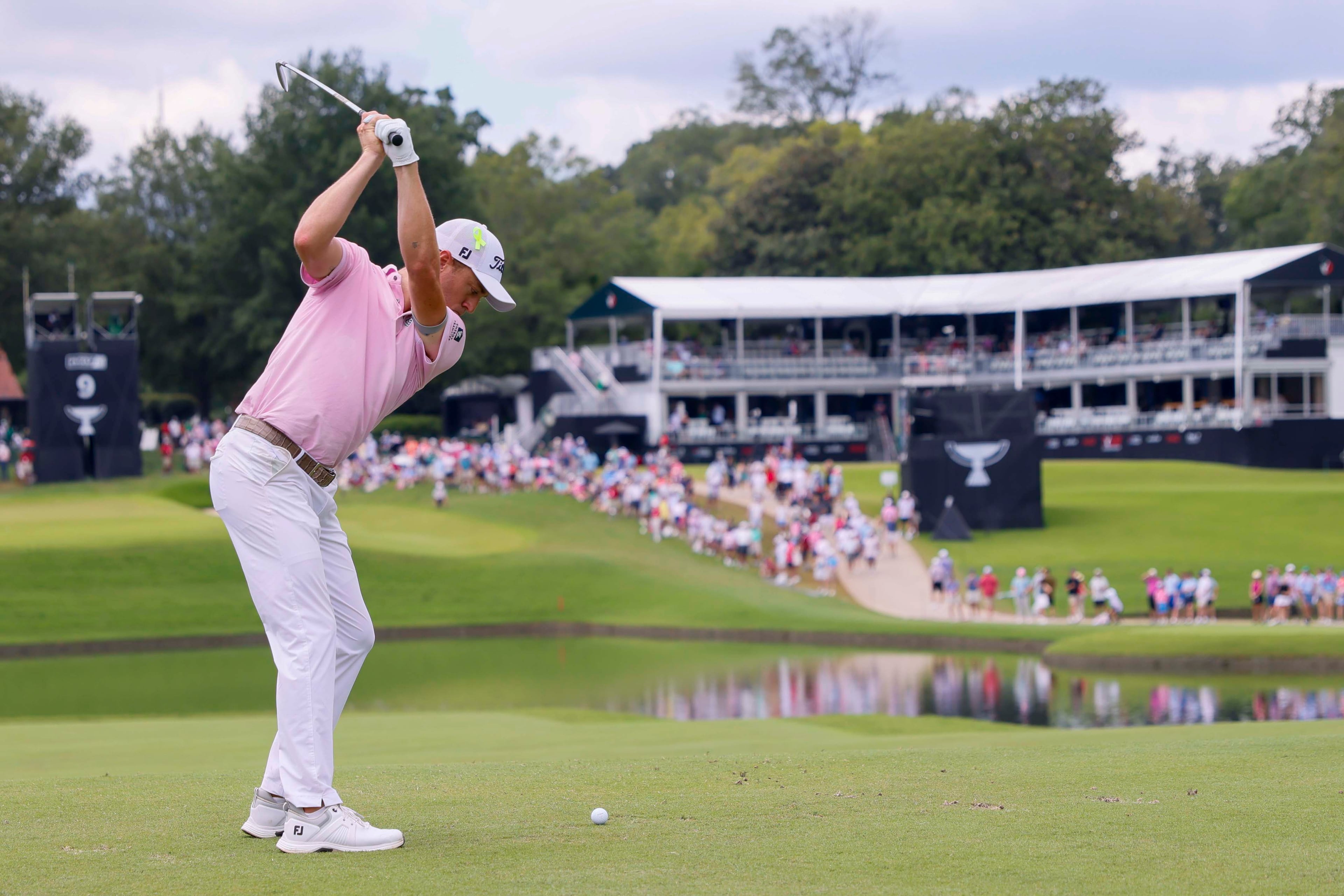 Justin Thomas tees off on the ninth hole during the final round of the PGA Tour Championship at East Lake Golf Club on Sunday, Aug. 24, 2025, in Atlanta.
(Miguel Martinez/ AJC)