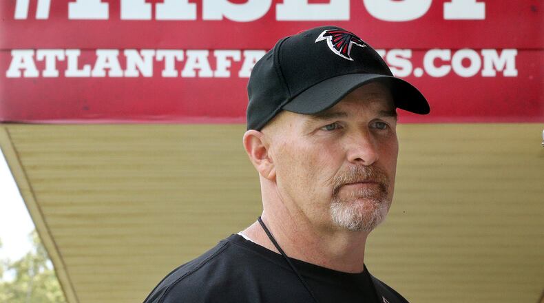 May 12, 2017, Flowery Branch: Atlanta Falcons head coach Dan Quinn during an interview with the AJC at rookie mini-camp on Friday, May 12, 2017, in Flowery Branch. Curtis Compton/ccompton@ajc.com