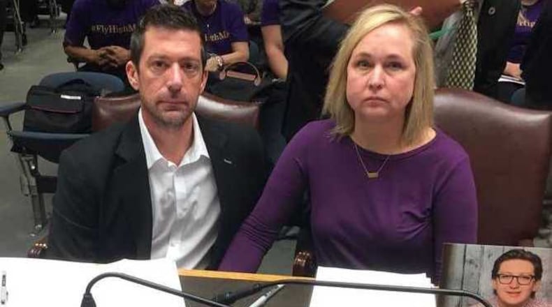 Steve (left) and Rae Ann Gruver testified in favor of an anti-hazing bill in the Louisiana House Criminal Justice Committee on March 21, 2018. Their son Max was a victim of hazing at Louisiana State University. He died Sept. 14, 2017. His photo sits on the table. (Courtesy)