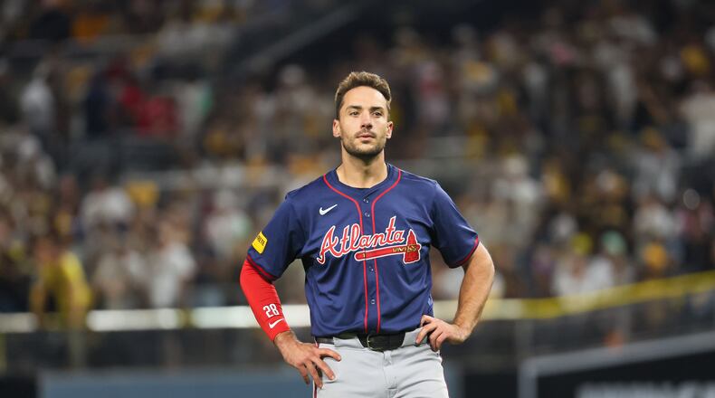 Atlanta Braves’ Matt Olson reacts after lining out to the San Diego Padres during the sixth inning of National League Division Series Wild Card Game Two at Petco Park in San Diego on Wednesday, Oct. 2, 2024. (Jason Getz / Jason.Getz@ajc.com)