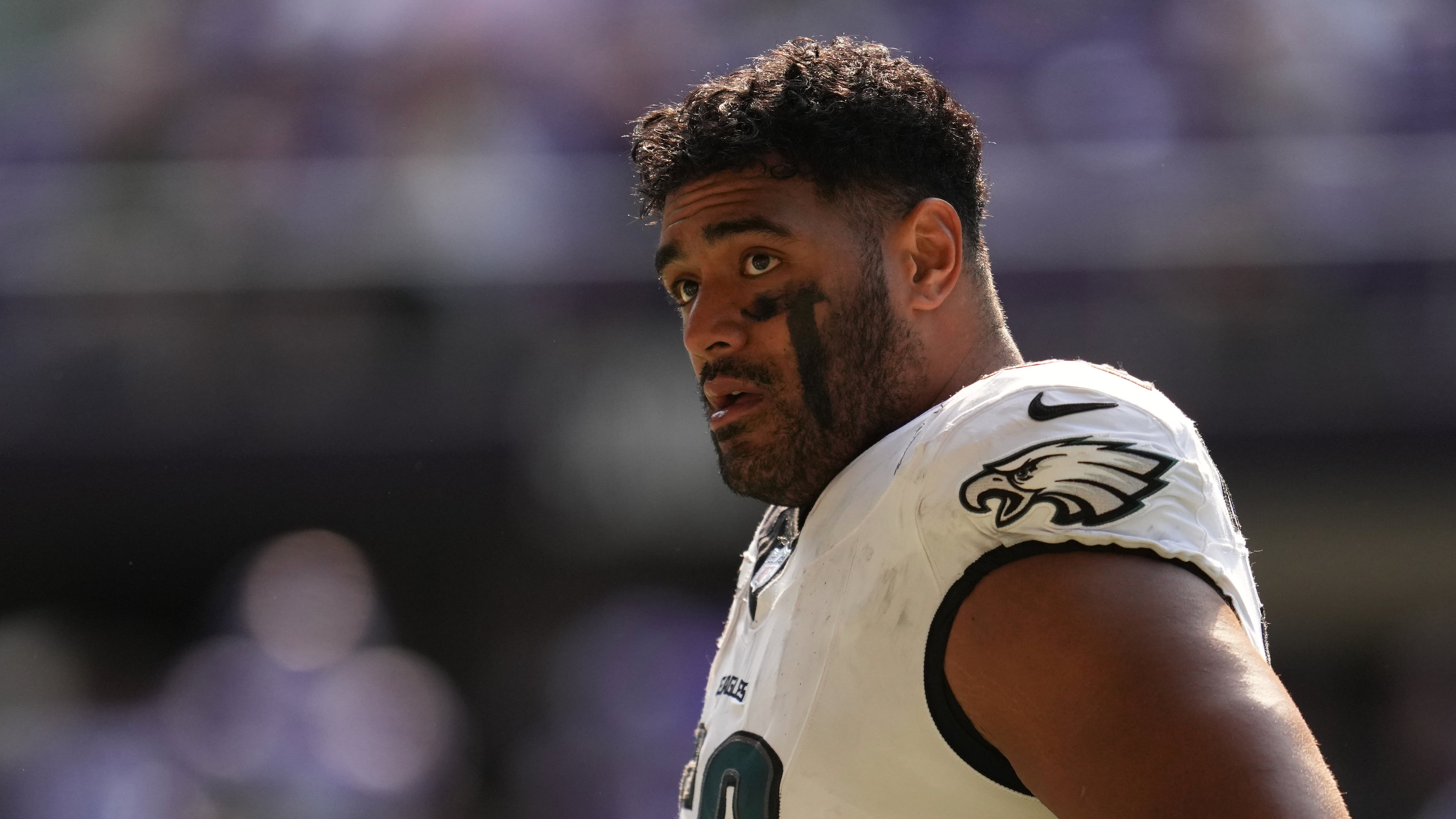 FILE - Philadelphia Eagles offensive tackle Jordan Mailata (68) walks across the field at halftime of an NFL football game against the Minnesota Vikings, Sunday, Oct. 19, 2025, in Minneapolis. (AP Photo/Abbie Parr, File)