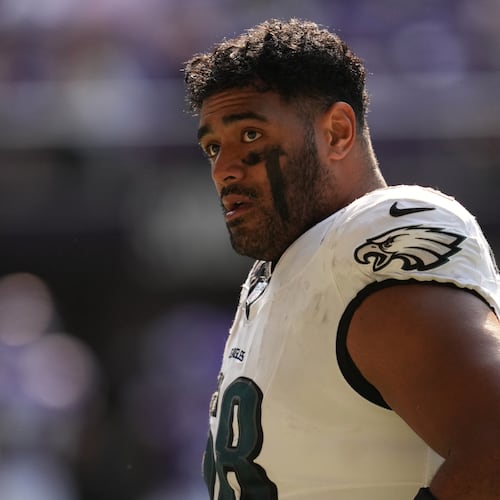 FILE - Philadelphia Eagles offensive tackle Jordan Mailata (68) walks across the field at halftime of an NFL football game against the Minnesota Vikings, Sunday, Oct. 19, 2025, in Minneapolis. (AP Photo/Abbie Parr, File)