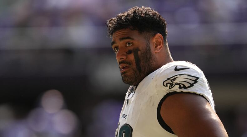 FILE - Philadelphia Eagles offensive tackle Jordan Mailata (68) walks across the field at halftime of an NFL football game against the Minnesota Vikings, Sunday, Oct. 19, 2025, in Minneapolis. (AP Photo/Abbie Parr, File)