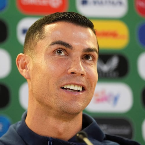 Portugal's Cristiano Ronaldo speaks during a press conference in Dublin, Ireland, Wednesday Nov. 12, 2025, ahead of Thursday's World Cup qualifying soccer match against Ireland. (Brian Lawless/PA via AP)