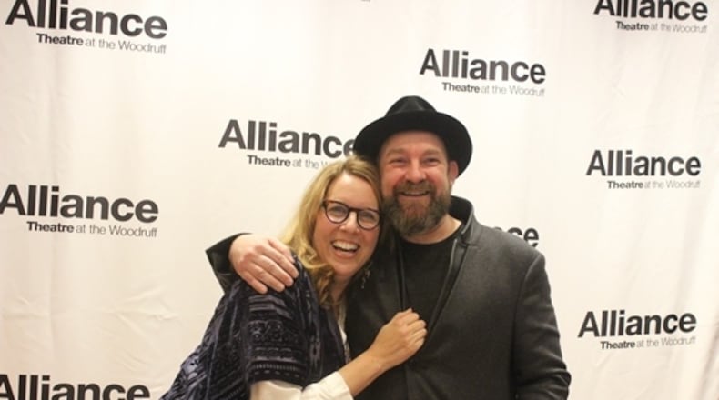 Janece Shaffer and Kristian Bush share a hug on the opening night of "Troubadour." Photo: Melissa Ruggieri/AJC