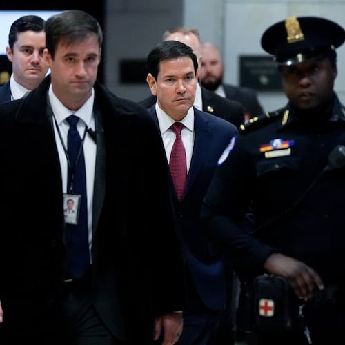Secretary of State Marco Rubio arrives to brief members of Congress on military strikes near Venezuela, Tuesday, Dec. 16, 2025, at the Capitol in Washington. (AP Photo/Julia Demaree Nikhinson)