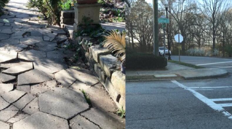 Photo exhibits from the lawsuit. On left, broken pavement on a Dixie Avenue sidewalk. On right, a missing ramp on the curb at Clifton Road and Ponce de Leon Avenue.