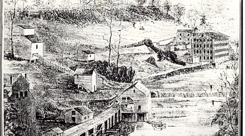 A sketch of the Roswell Mill before it was destroyed during federal occupation in July 1864.